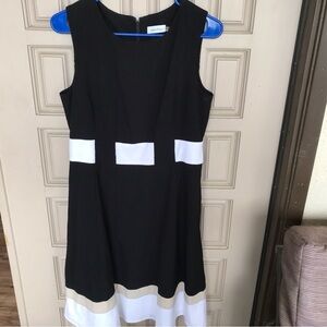 VTG Calvin Klein Dress Blk/Wht/Tan Fit and Flare Sz10 Zip Round Neck Sleeveless